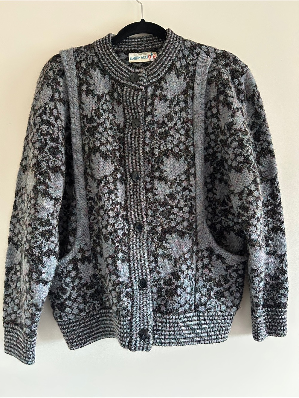 Vintage 80s Floral Knit Cardigan Sweater with Rainbow Metallic, Size XL
